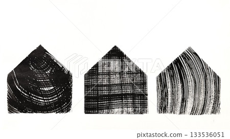 Hand-drawn illustration, ink-drawn house shape, geometric three-house shape illustration, banner size illustration Hand-drawn illustration, ink-drawn house shape, geometric three-house shape illustration, banner size illustration 133536051