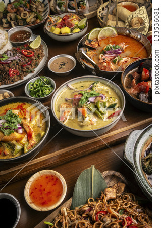 many different thai food dishes on table in modern restaurant in bangkok thailand many different thai food dishes on table in modern restaurant in bangkok thailand 133536081