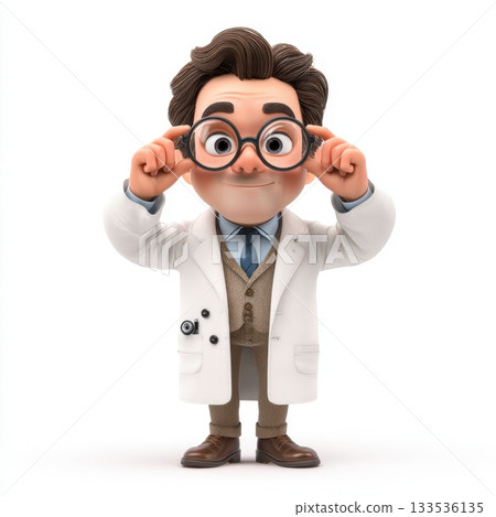 A cartoon scientist character wearing a white lab coat vest tie and glasses on a white background 133536135