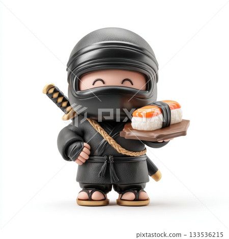 Cartoon ninja character wearing black attire holding a sushi dish with salmon 133536215