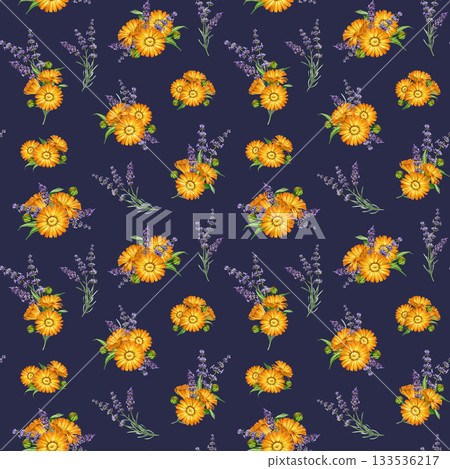 Lavender and calendula flowers seamless pattern decor element watercolor illustration. Hand drawn fresh calendula flowers mixed with lavender stems floral garden bright element on dark background Lavender and calendula flowers seamless pattern decor element watercolor illustration. Hand drawn fresh calendula flowers mixed with lavender stems floral garden bright element on dark background 133536217