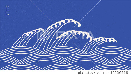 Japanese background with ocean waves painting elements. Oriental natural wave with ocean sea decoration banner design in vintage flat hand drawn style. Marine template. Vector minimal design. Japanese background with ocean waves painting elements. Oriental natural wave with ocean sea decoration banner design in vintage flat hand drawn style. Marine template. Vector minimal design. 133536368