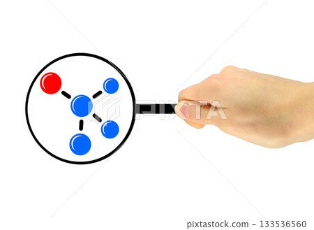 Man's hand with a magnifying glass explores the chemical composition of substances Man's hand with a magnifying glass explores the chemical composition of substances 133536560