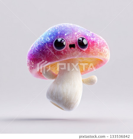 A cute sparkling colorful mushroom character with big eyes and a happy expression isolated on a plain background 133536842