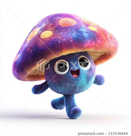 Adorable fluffy blue mushroom character with a colorful galaxy patterned cap walking cheerfully Adorable fluffy blue mushroom character with a colorful galaxy patterned cap walking cheerfully 133536844