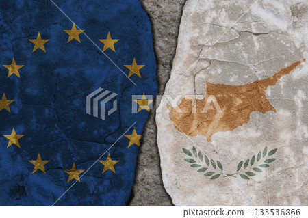 Symbolic split between European Union and Cyprus flags on cracked stone wall texture 133536866
