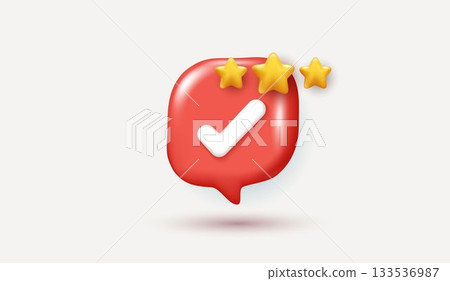 3d check mark with gold stars on red chat bubble, quality assurance concept, customer satisfaction rating, approval icon design, feedback and review illustration on white background. vector design. 133536987