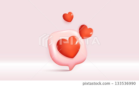 Chat speech bubble with 3d hearts. social media like icon. chat love message with cute 3d hearts. valentine's Day. app love comment. social media concept, love emoticon. 3d vector. 133536990