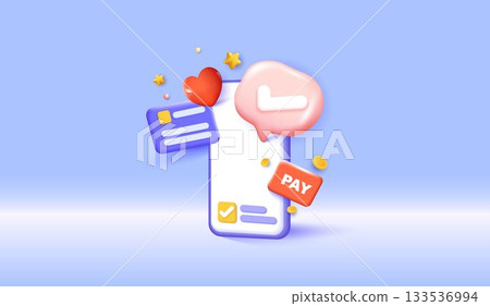 3d smartphone with pay button, heart and message icons on blue background, online payment concept, mobile app design for digital banking, e commerce and financial technology .vector design. 3d smartphone with pay button, heart and message icons on blue background, online payment concept, mobile app design for digital banking, e commerce and financial technology .vector design. 133536994