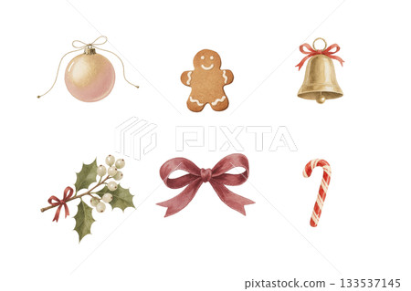 水彩復古聖誕裝飾品套裝（6 件裝）(AI) 133537145