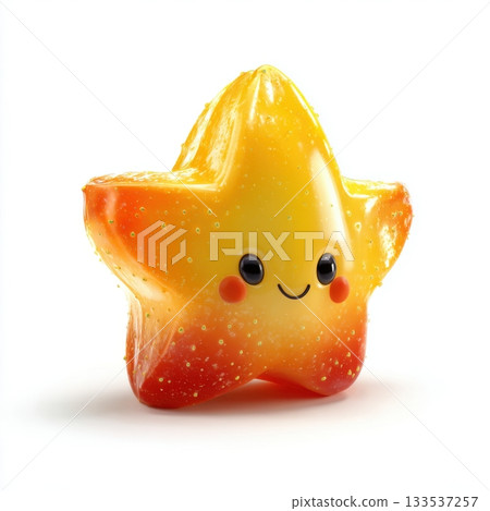 A cute happy star character with blush cheeks and small water droplets on its shiny translucent surface 133537257