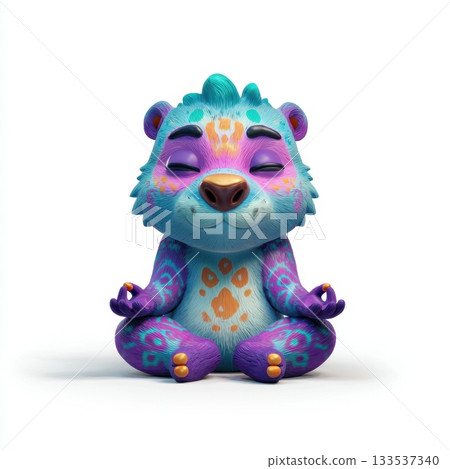 Cartoon bear character in vibrant blue purple and pink colors meditating in a lotus position Cartoon bear character in vibrant blue purple and pink colors meditating in a lotus position 133537340
