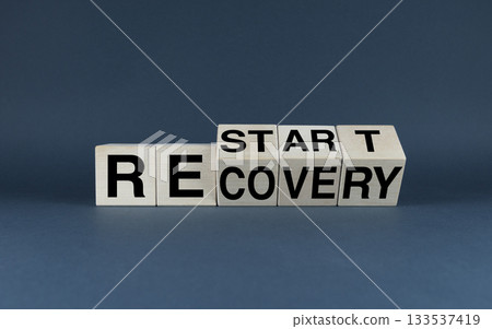 Restart or recovery. The cubes form the words Restart or Recovery. Restart or recovery. The cubes form the words Restart or Recovery. 133537419