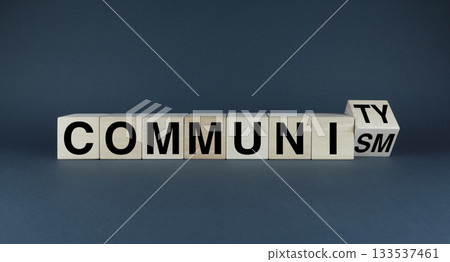 Cubes form the words Community or communism. 133537461