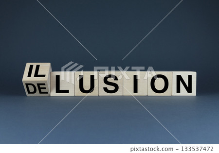 Cubes form words Illusion or delusion. Mind Perception Concept 133537472