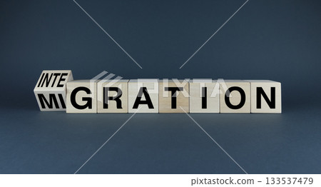 Cubes form words Integration or migration. Concept of business and social problems Cubes form words Integration or migration. Concept of business and social problems 133537479