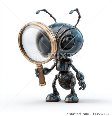 3D robot ant character holds a magnifying glass researching and exploring with curiosity 133537627