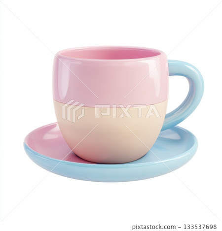 Pastel colored ceramic coffee cup and saucer with a rounded handle isolated on white Pastel colored ceramic coffee cup and saucer with a rounded handle isolated on white 133537698