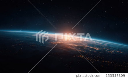 Earth and sunrise seen from space - A powerful CG image of a space landscape Earth and sunrise seen from space - A powerful CG image of a space landscape 133537809