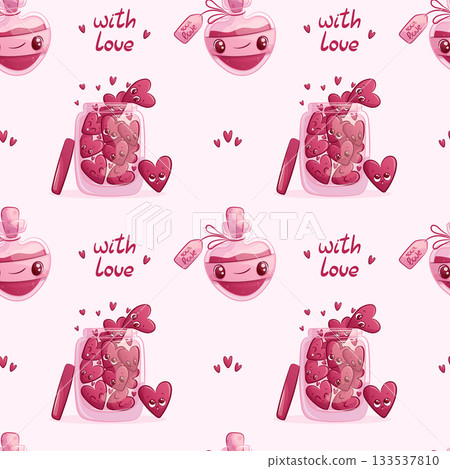 Seamless pattern with a bottle of love potion and a jar of hearts on a pink background. The concept of love, Valentine's Day. Vector illustration for the design of postcard, textile, banner, poster Seamless pattern with a bottle of love potion and a jar of hearts on a pink background. The concept of love, Valentine's Day. Vector illustration for the design of postcard, textile, banner, poster 133537810