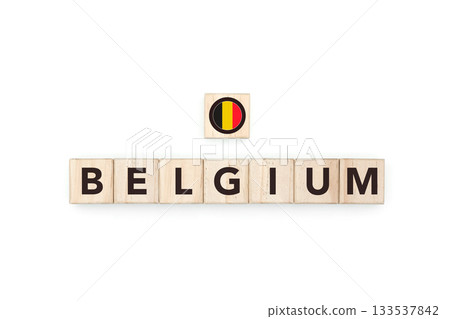 Wooden blocks bearing the name and flag of Belgium. Belgian and European Culture, national identity, travel, and geography in a copy space design. 133537842