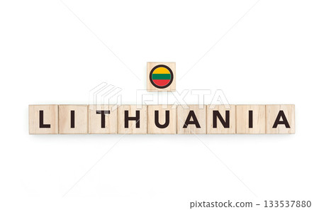 Wooden blocks bearing the name and flag of Lithuania. Lithuanian and East European Culture, national identity, travel, and geography in a copy space design. 133537880