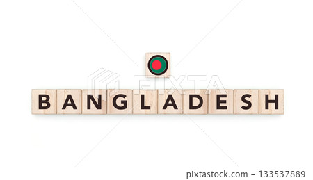 Wooden blocks bearing the name and flag of Bangladesh. Bangladeshi and Asian Culture, national identity, travel, and geography in a copy space design. 133537889