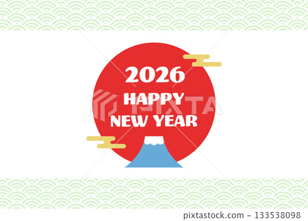 Stylish New Year's card with Mt. Fuji, the first sunrise, and Japanese patterns, green Seigaiha 133538098