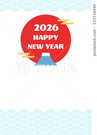 Stylish New Year's card with Mt. Fuji, the first sunrise, and Japanese patterns, vertical, light blue Seigaiha Stylish New Year's card with Mt. Fuji, the first sunrise, and Japanese patterns, vertical, light blue Seigaiha 133538099
