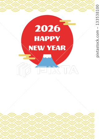 Stylish New Year's card with Mt. Fuji, the first sunrise, and a Japanese pattern, vertical, golden Seigaiha Stylish New Year's card with Mt. Fuji, the first sunrise, and a Japanese pattern, vertical, golden Seigaiha 133538100