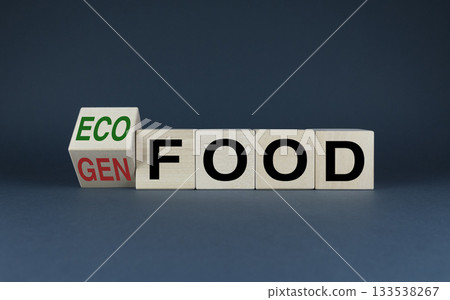 Eco food or Gen food. Cubes form words Eco food or Gen food. 133538267
