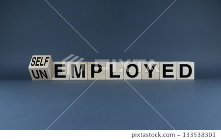 Cubes form the words Unemployed or Self employed. Concept of business and employment 133538301
