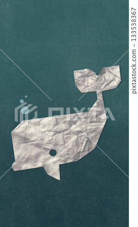Minimal collage. Whale made of crumpled plastic with calm sadness Minimal collage. Whale made of crumpled plastic with calm sadness 133538367