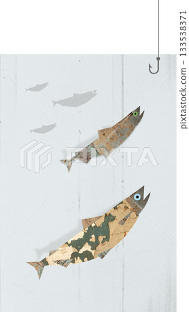 Minimal collage. Fish swimming toward hook with tense emotion 133538371