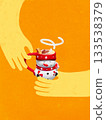 Warm poster. Hands offering cute snowman mug with cozy emotion 133538379