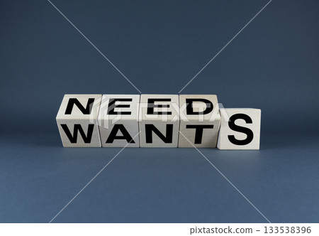 Needs or Wants. Cubes form the choice words Needs or Wants. 133538396