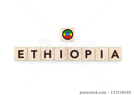 Wooden blocks bearing the name and flag of Ethiopia. Ethiopian and African Culture, national identity, travel, and geography in a copy space design. 133538540