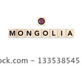 Wooden blocks bearing the name and flag of Mongolia. Mongolian and Asian Culture, national identity, travel, and geography in a copy space design. 133538545