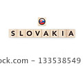 Wooden blocks bearing the name and flag of Slovakia. Slovak and East European Culture, national identity, travel, and geography in a copy space design. 133538549