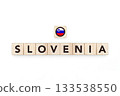 Wooden blocks bearing the name and flag of Slovenia. Sloven and East European Culture, national identity, travel, and geography in a copy space design. 133538550