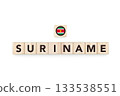 Wooden blocks bearing the name and flag of Suriname. Surinamese and South American Culture, national identity, travel, and geography in a copy space design.geography in a copy space design. 133538551