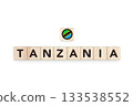 Wooden blocks bearing the name and flag of Tanzania. Tanzanian and South African Culture, national identity, travel, and geography in a copy space design. 133538552