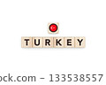 Wooden blocks bearing the name and flag of Turkey. Turkish and European and Asian Culture, national identity, travel, and geography in a copy space design. 133538557