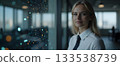 Confident Businesswoman Standing by Modern Office Window with Digital Data Overlay 133538739