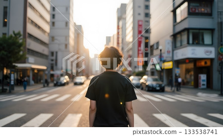 Person Stands at Crosswalk During Sunset in Urban Cityscape with Traffic Lights 133538741