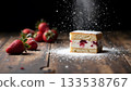 Delicious Strawberry Dessert with Creamy Filling and Powdered Sugar on Dark Wood 133538767