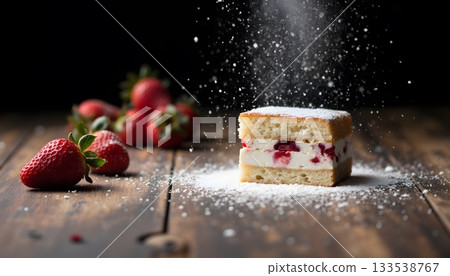 Delicious Strawberry Dessert with Creamy Filling and Powdered Sugar on Dark Wood 133538767