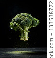 Fresh Broccoli Floating in Air with Dark Background and Green Dust below 133538772