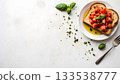 Heart-shaped Toast with Fresh Tomatoes and Basil on a White Background 133538777