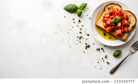 Heart-shaped Toast with Fresh Tomatoes and Basil on a White Background Heart-shaped Toast with Fresh Tomatoes and Basil on a White Background 133538777